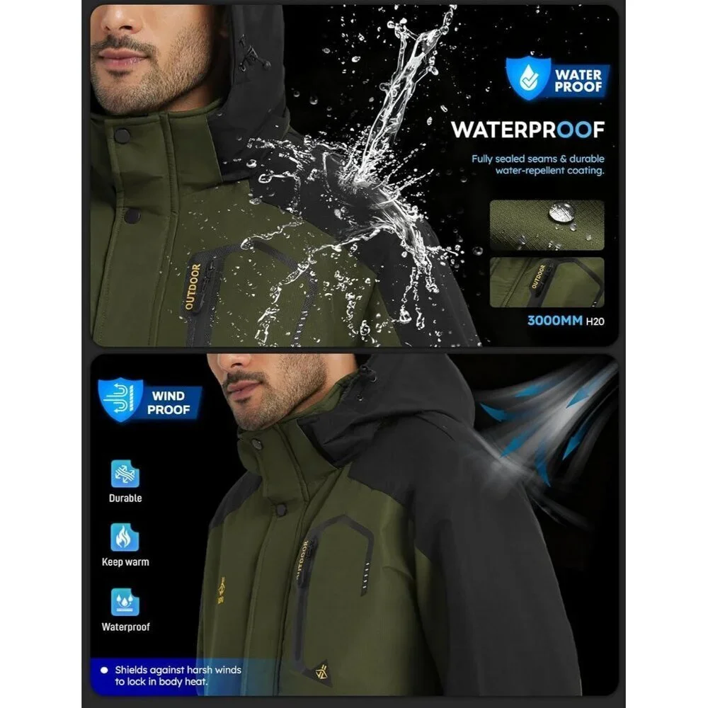 Men's Army Green Waterproof Winter Warm Snow Coat Fleece Lined Hiking Ski Jacket